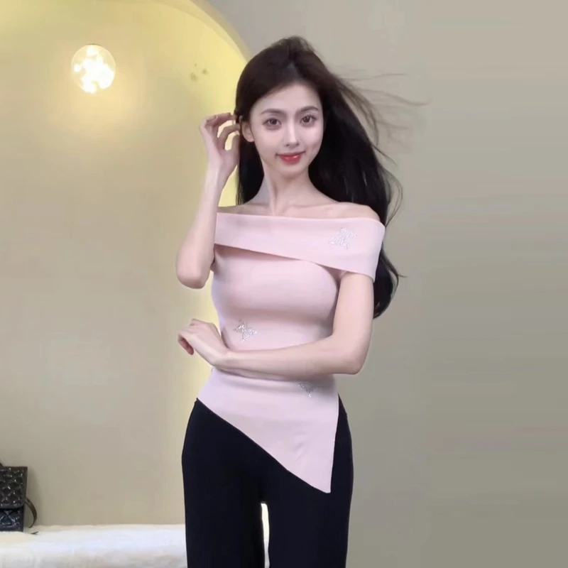 【清仓】法式一字肩蝴蝶结不规则开叉修身显瘦绝美气质上衣