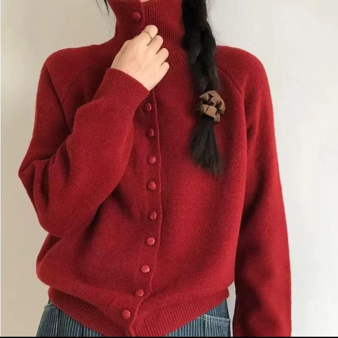 超好看黄色高领毛衣开衫女2025新款秋冬季加厚宽松慵懒风针织外套