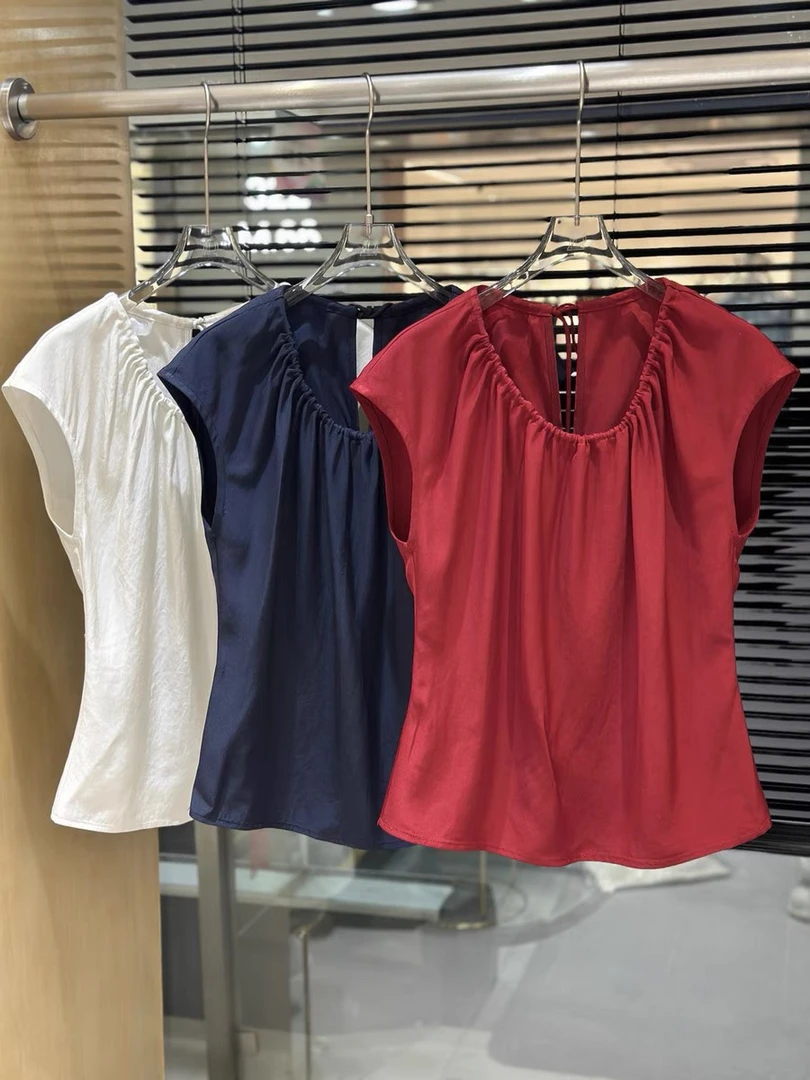 2025夏季新款遮肚子中长款法式设计女醋酸小衫2513纯色洋气宽松