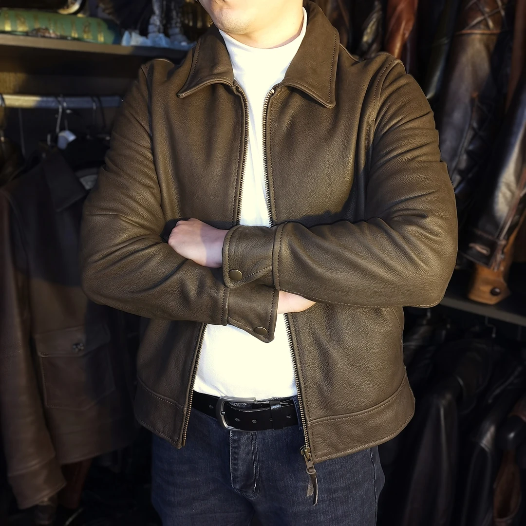 新西兰进口无涂复古真皮皮衣男士牛皮皮夹克翻领商务休闲外套春秋