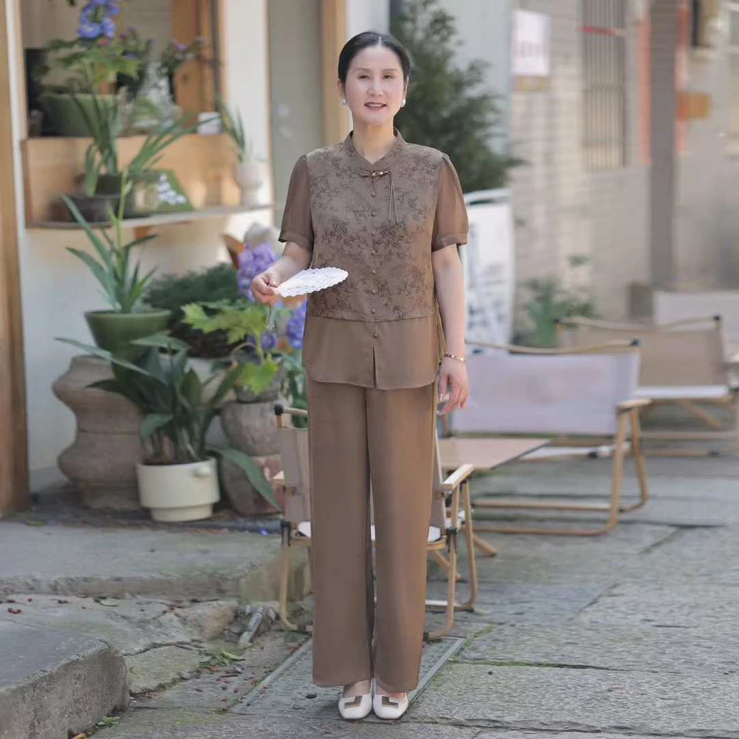 2025新中式夏季中老年  中老年妈妈国风套装短袖阔腿裤两件套
