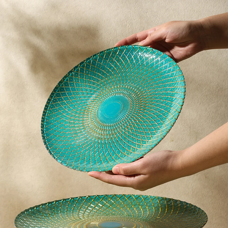 玻璃盘圆盘水果盘复古风简约风西餐盘北欧INS风餐具大盘盘子陶瓷