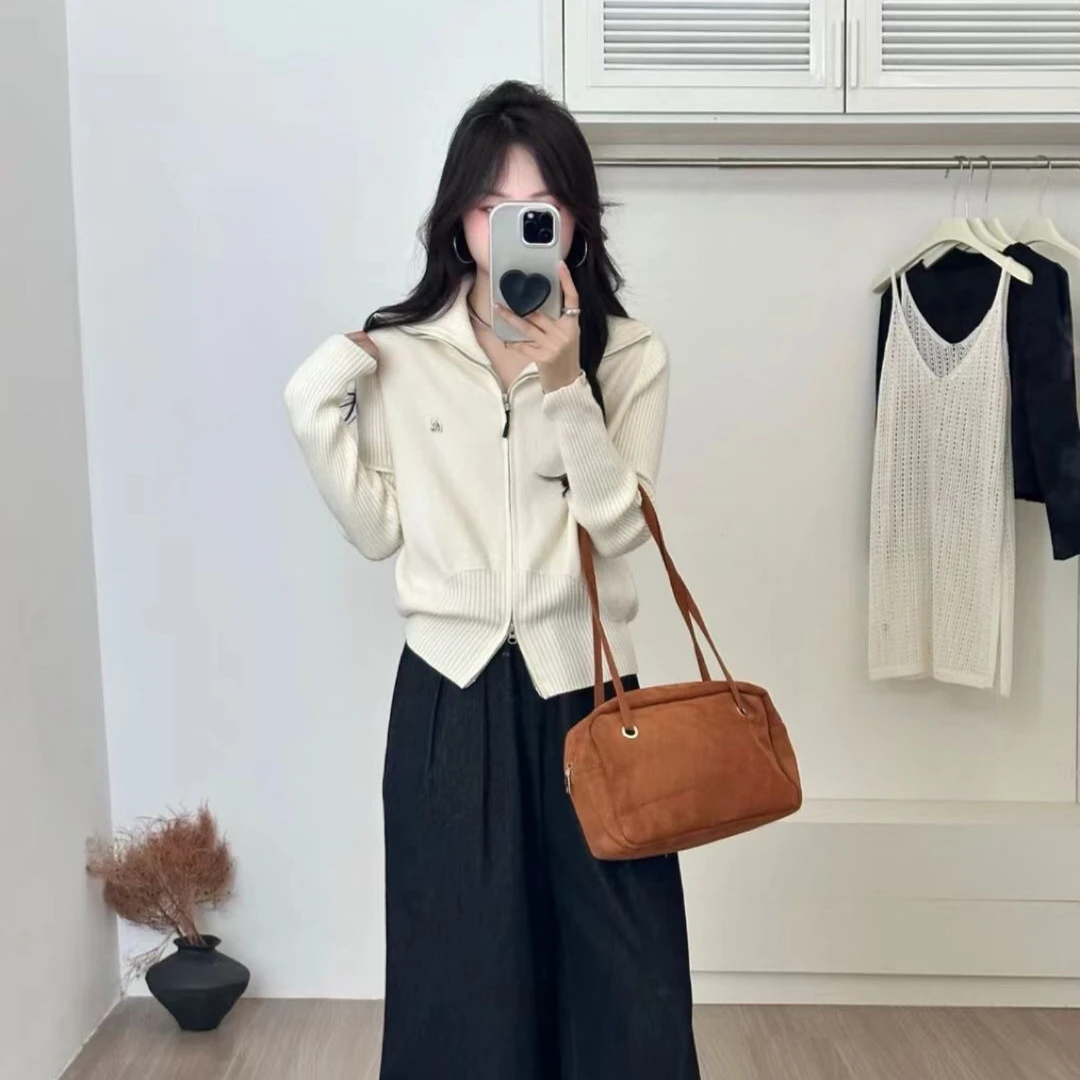 秋冬新款翻领双拉链针织开衫毛衣826