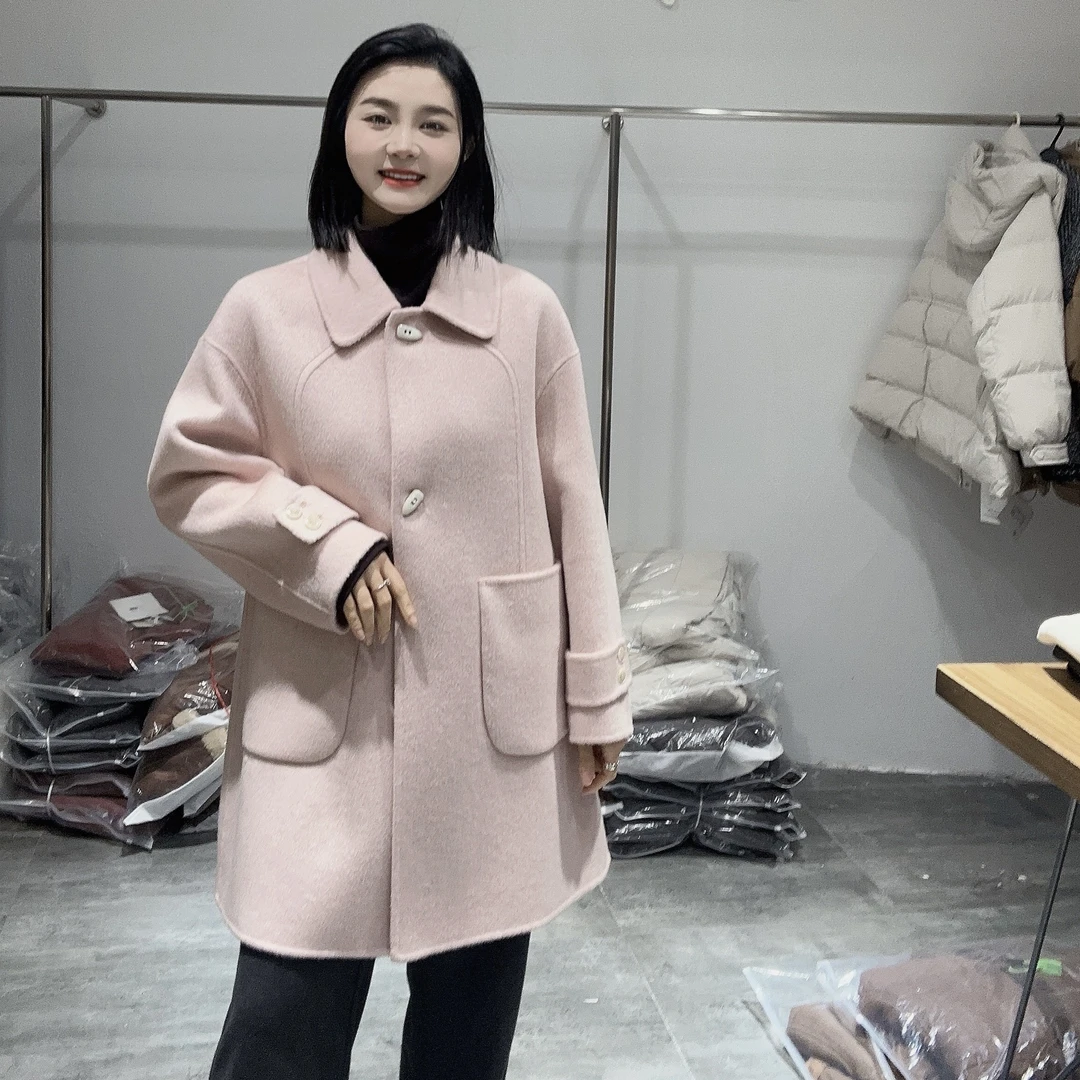 LMM 8931 中长款双面羊毛大衣韩版宽松减龄牛角扣羊毛呢子女外套