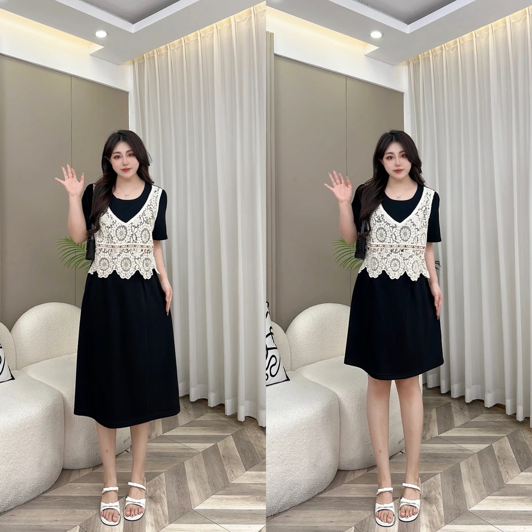 【玲胖胖 西野暮色】夏季拼接休闲风蕾丝小衫大码连衣裙LPP61771