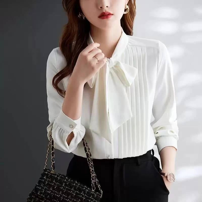 白色衬衫女长袖蝴蝶结飘带衬衣秋季2023新款上衣轻熟法式小众