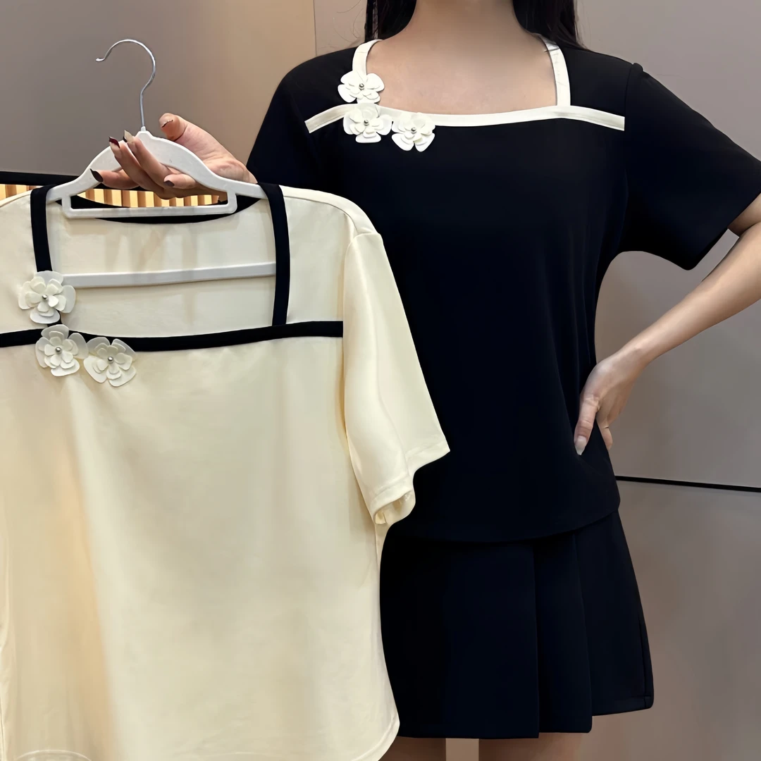 胖MM洛 D25019高级感正肩短袖T恤女夏季短款修身收腰显瘦V领上衣