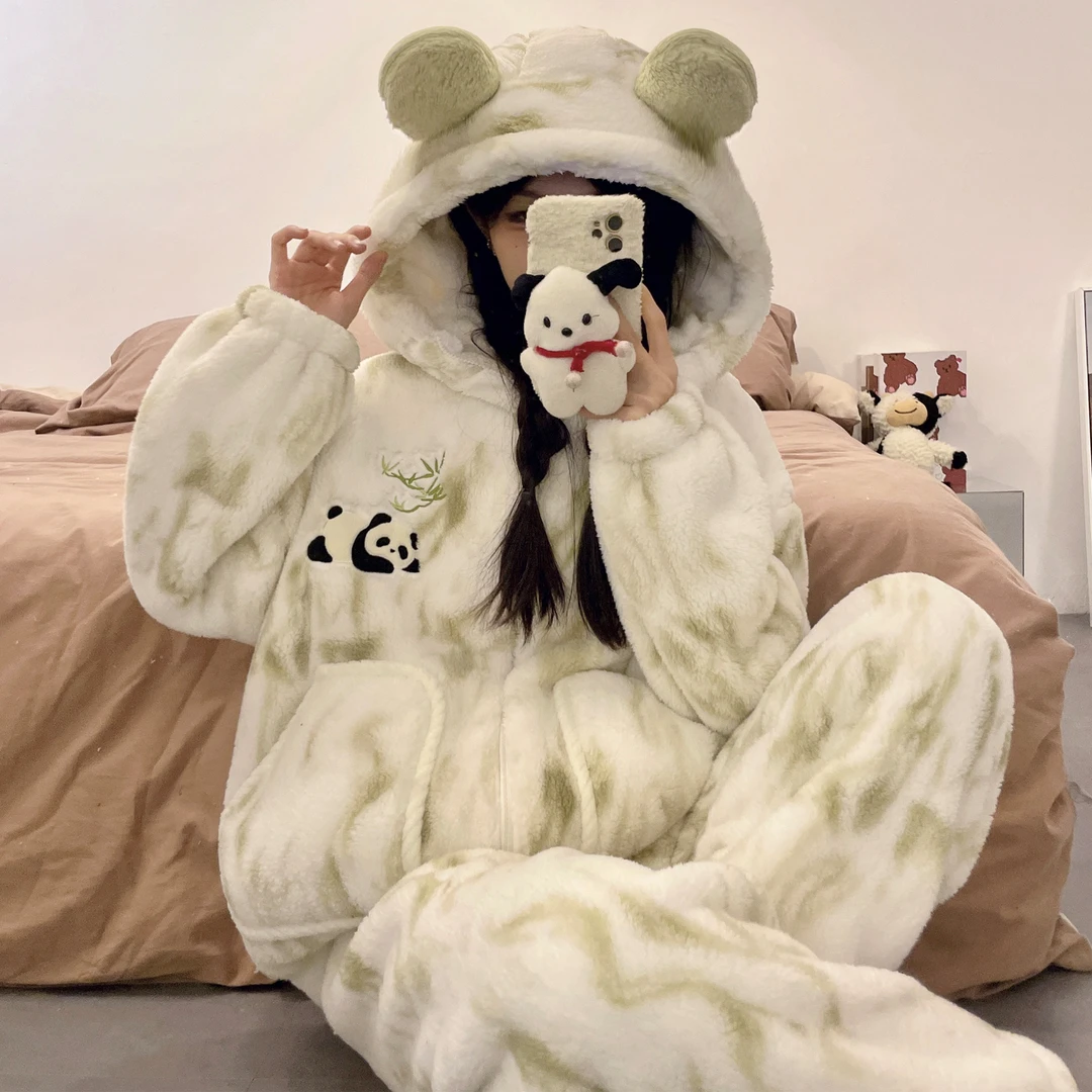 珊瑚绒睡衣女款秋冬季可爱连帽加厚加绒2025新款法兰绒拉链家居服