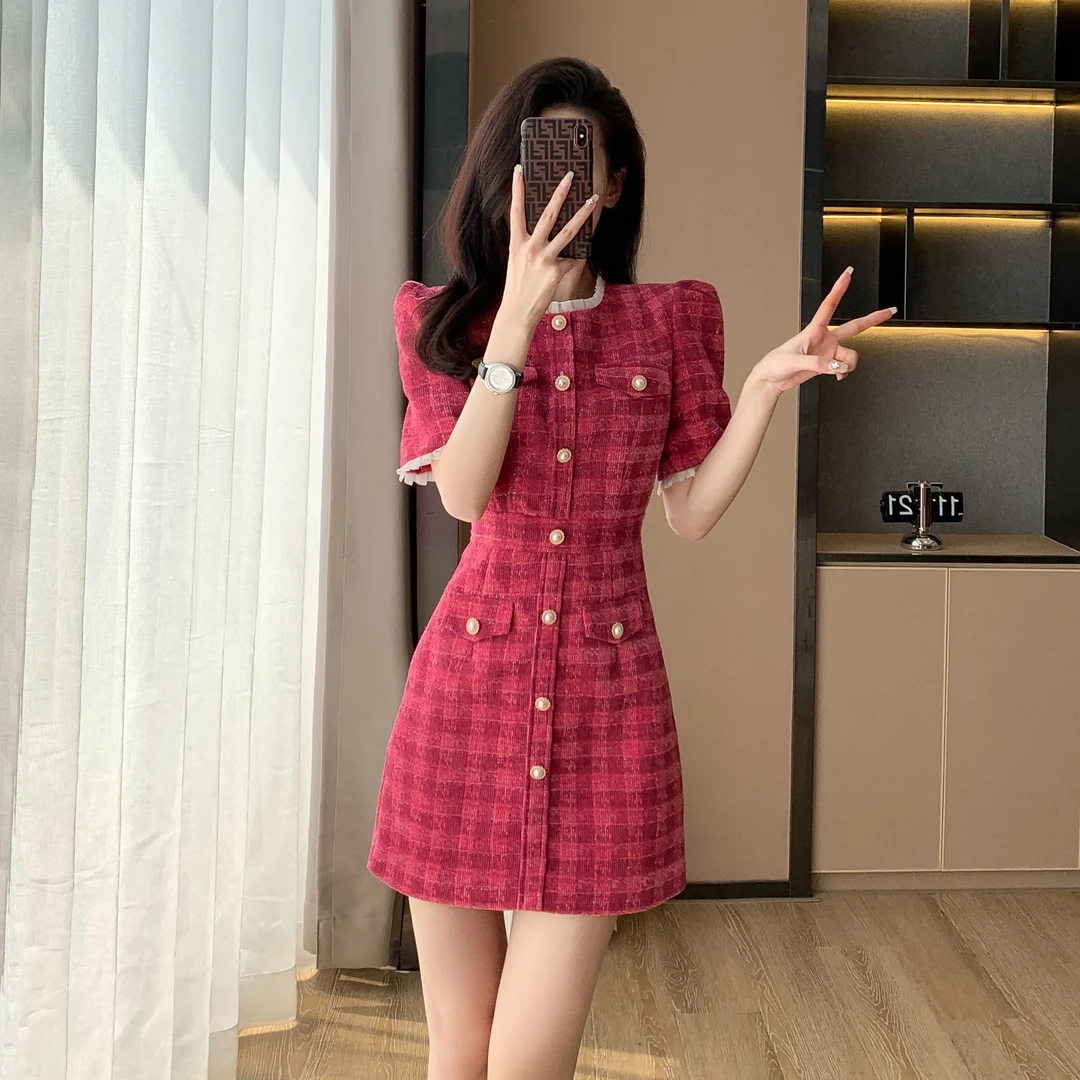 法式名媛小香风气质收腰短袖连衣裙女小个子夏季富家千金复古裙子