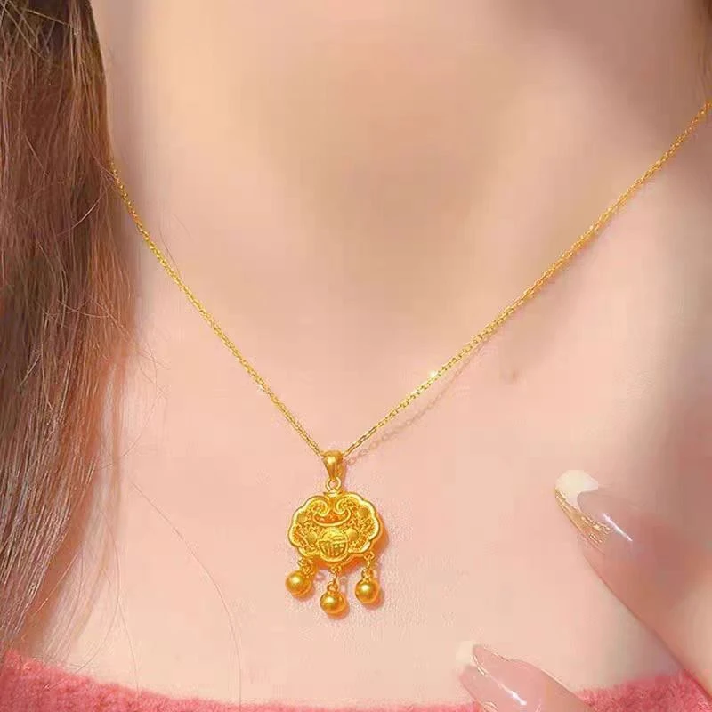 铜合金项链 平安福字铃铛项链女长命锁中式设计生日礼物送女友