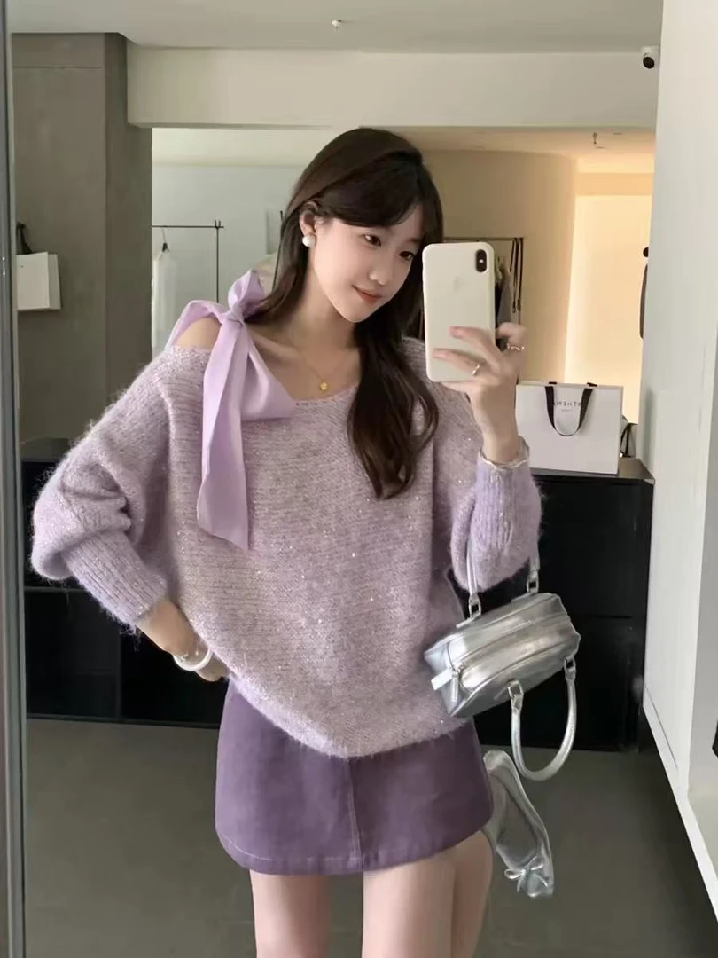 法式复古蝴蝶结系带针织衫女2025早秋新款套头慵懒风毛衣独特别致