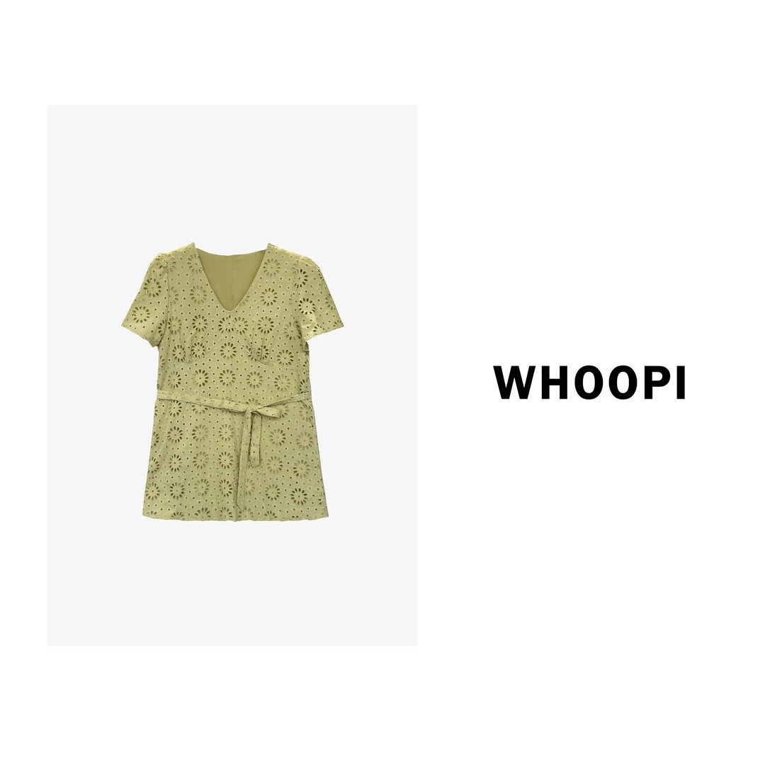 【Whoopi】【春野森会】法式重工刺绣上衣镂空V领显瘦绑带收腰衬衫