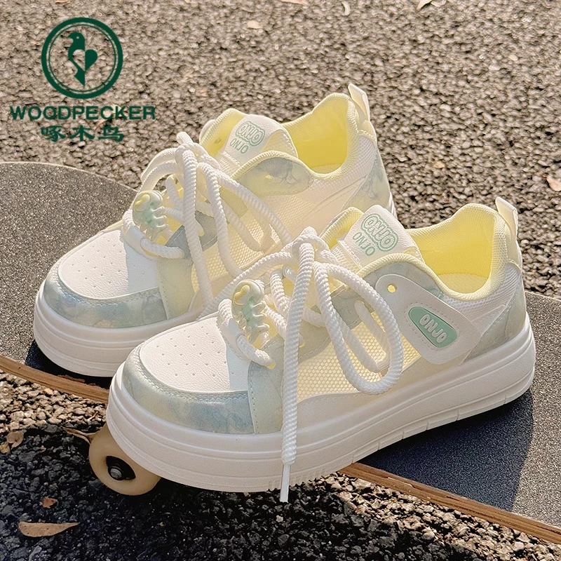 啄木鸟夏季女鞋小白鞋女2025新款透气网面鞋百搭小众厚底运动板鞋