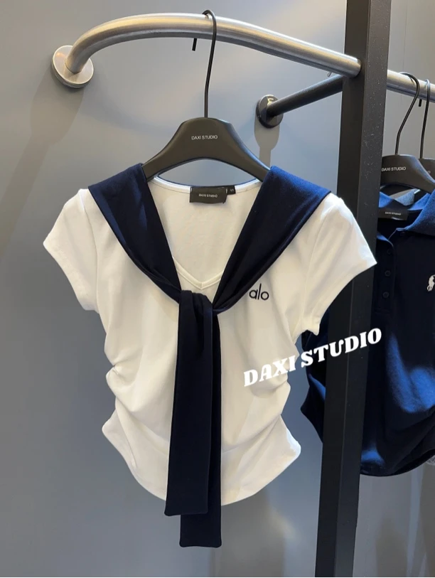 Da嘻【撞色V领海军领假两件短袖T恤】夏季收腰百搭显瘦上衣1260#