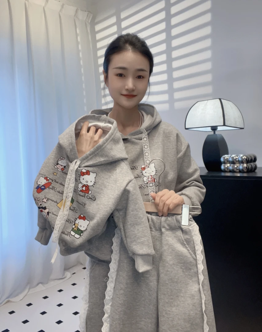 亲子女童韩系穿搭连帽套装2025新款春季洋气kt猫连帽卫衣卫裤套装