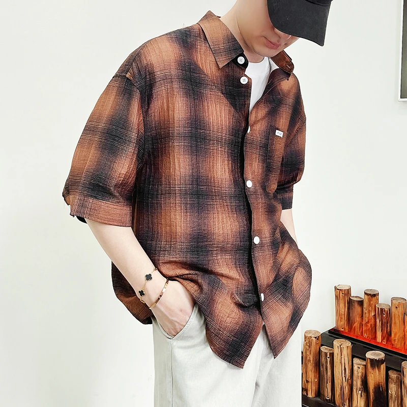 格子衬衫男中袖夏季设计师痞帅高级感穿搭男士休闲短袖衬衣百搭潮
