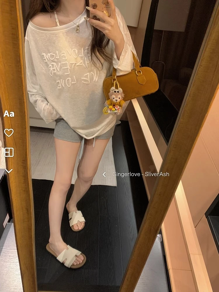 休闲慵懒风字母印花露肩打底衫宽松遮肉时尚气质凉感上衣1020