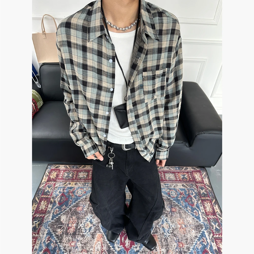 CZ2美式复古经典做旧格纹长袖衬衫vintage男女宽松休闲通勤上衣