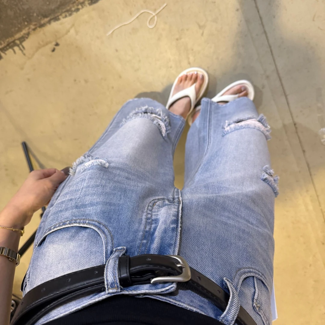 YOYO自制【破洞八分裤】夏季直筒时尚水洗牛仔破洞八分裤