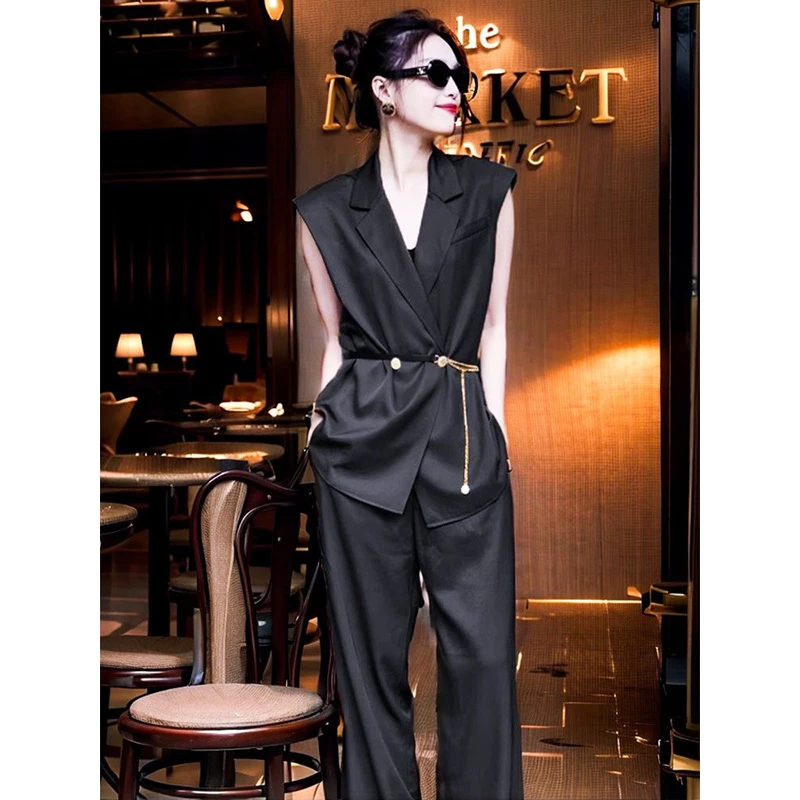夏装穿搭一整套干练气质女装套装垂感高级感西装马甲阔腿裤两件套