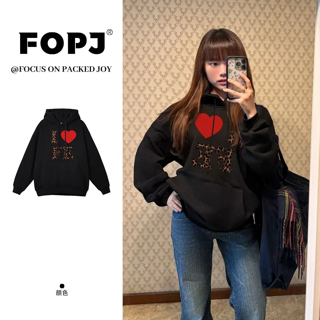 FOPJ秋冬新款豹纹字母印花学院风连帽衫卫衣女设计感加绒保暖上衣