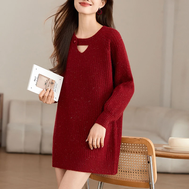 羊毛衫中长款上衣女遮屁股洋气妈妈红色毛衣秋冬加厚半高领打底衫