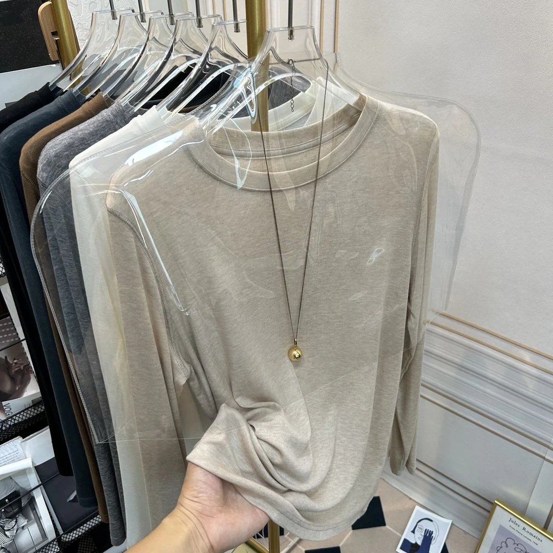 大码胖妹妹软糯面膜长袖t恤女春秋装内搭显瘦高冷酷飒女装打底衫