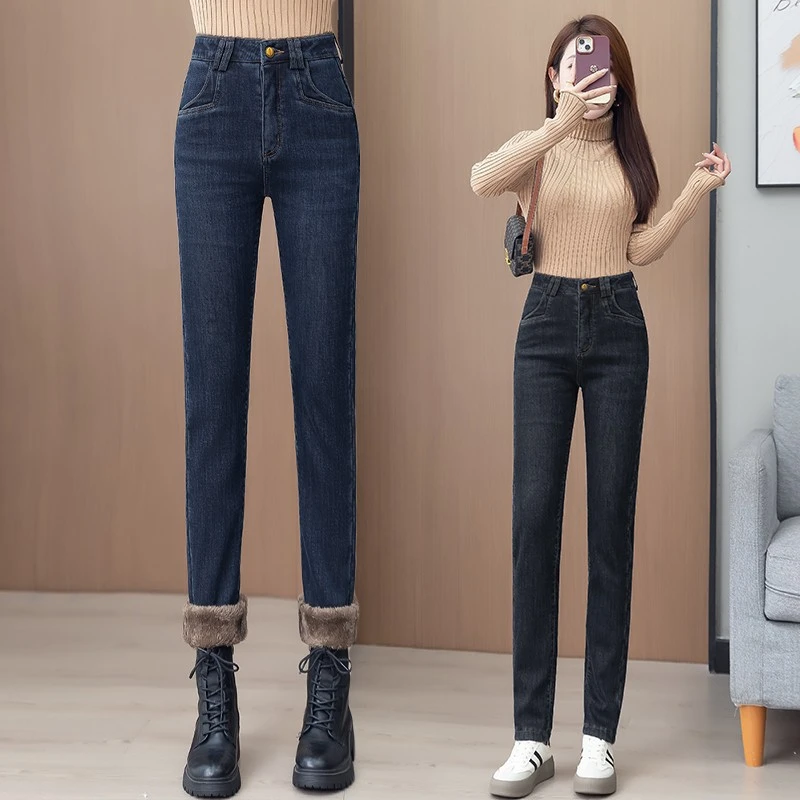 2024冬季新款加绒保暖小脚裤高腰显瘦厚款弹力修身百搭牛仔长裤女