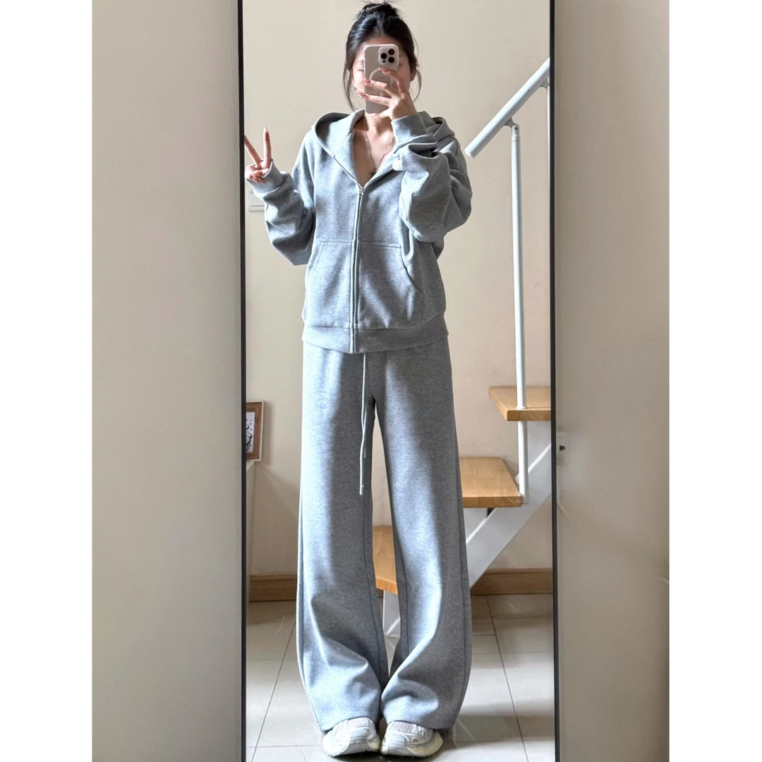 灰色连帽卫衣阔腿裤休闲运动套装女春秋季时尚洋气宽松显瘦高级感