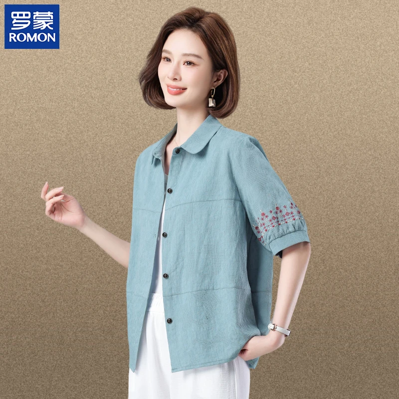 罗蒙名牌妈妈纯棉短袖t恤洋气中老年人女夏季棉麻套装贵夫人衬衫