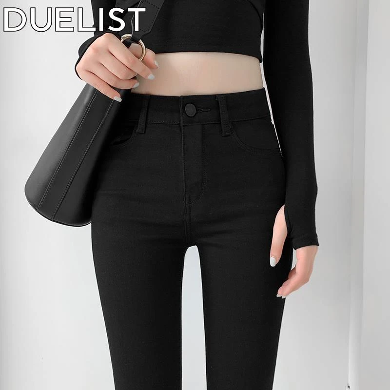 DUELIST新款黑色高腰九分牛仔裤女紧身显瘦烟管裤弹力铅笔长裤子