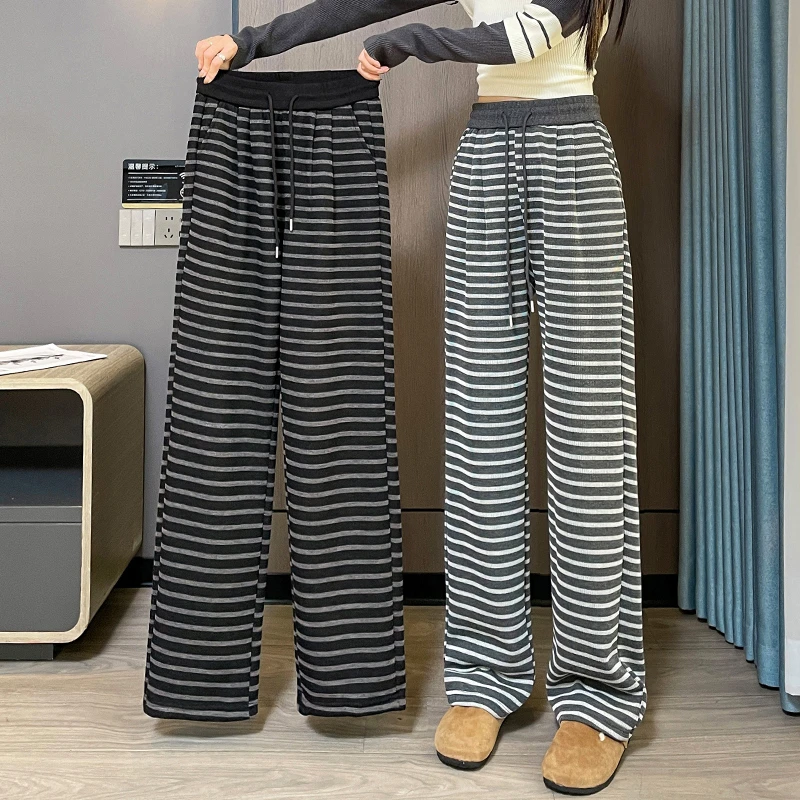 8533秋冬复古慵懒风条纹针织窄版条纹裤女2025新款松紧直筒裤