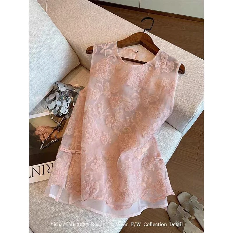 【实体店】88742新中式提花刺绣网纱无袖上衣女圆领国风盘扣背心