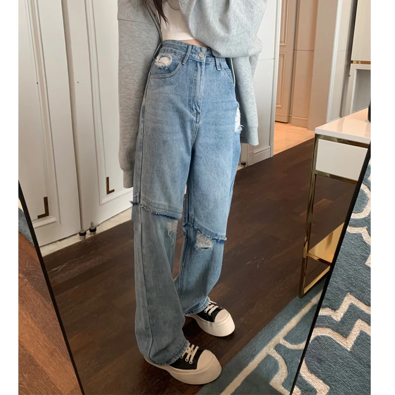 复古拼接水洗做旧牛仔裤女2025新款春季破洞宽松显瘦直筒长裤子