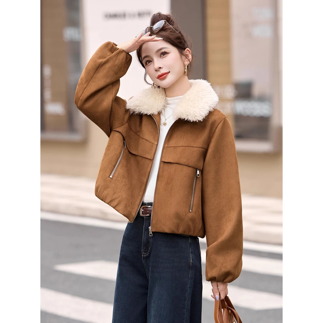 波司断码鹿皮绒毛领短款加绒外套女冬季时尚今年流行加厚保暖百搭
