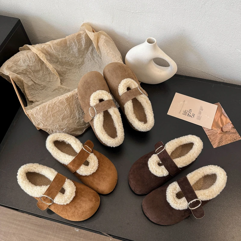 秋冬加绒保暖棉鞋平底豆豆鞋毛毛鞋女外穿勃肯鞋时尚女鞋2025新款