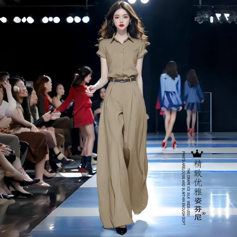 女神范时尚套装女士夏季新款设计感气质短袖衬衫高腰阔腿裤两件套