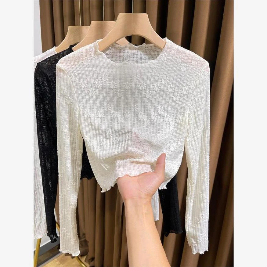 木耳边蕾丝上衣女春2024新款吊带裙内搭打底衫女薄款网纱洋气小衫