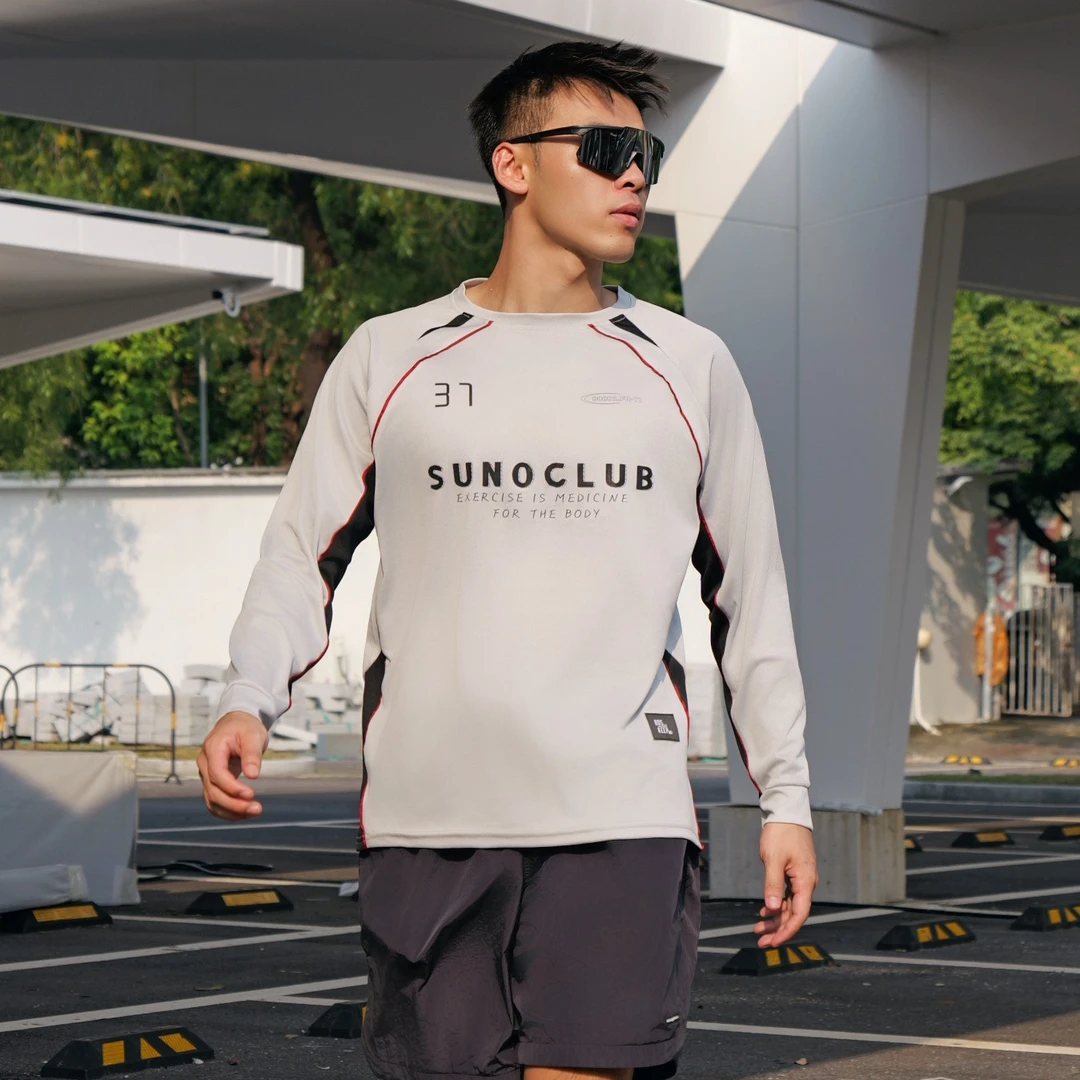 Suno美式复古拼接投篮服跑步健身户外篮球运动秋季宽松长袖T恤