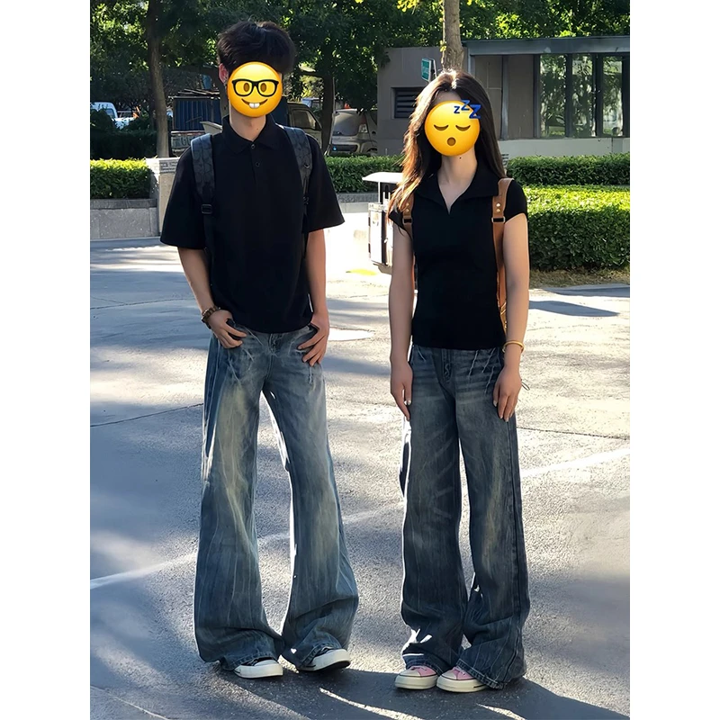 闪电竹节纹牛仔裤男夏季美式复古vibe直筒裤子显瘦垂感宽松微喇裤