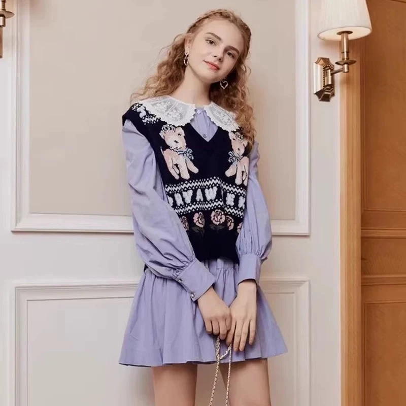 【皇冠鹿】时尚长袖学院风背心时尚套装显瘦法式上衣.Y50173