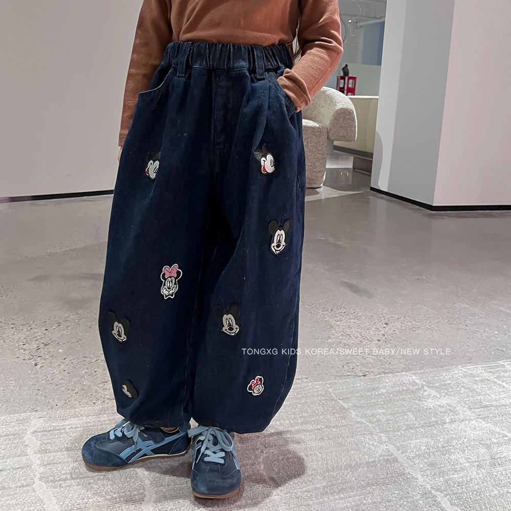 潼小乖定制女童中大童薄绒休闲裤子束脚小老鼠贴布牛仔裤5K012