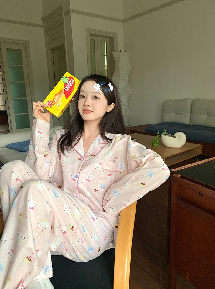 甜美卡通可爱猫咪睡衣女春秋季长袖长裤新款大码少女家居服套装