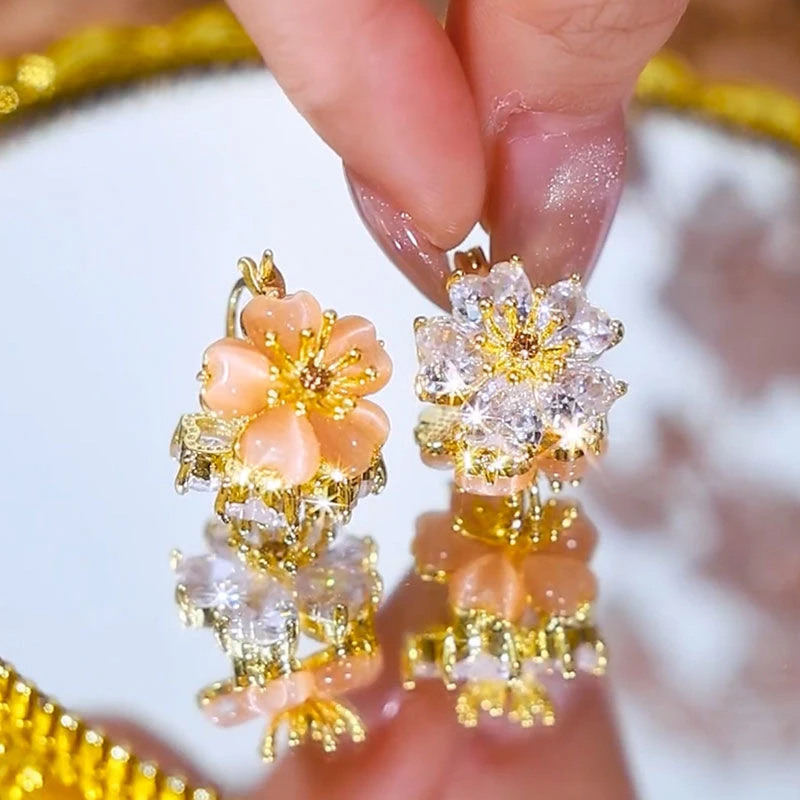 铜合金合成锆石耳饰 优雅复古仙女耳环植物花卉气质清新甜美-641