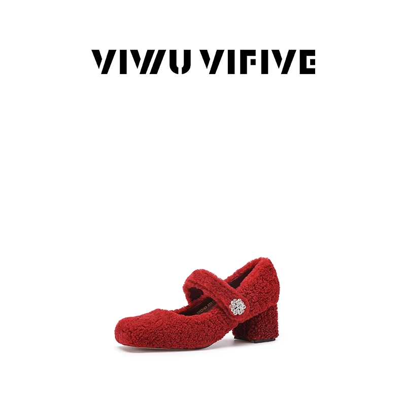 V5 VIWU.VIFIVE「茸茸」25新款欧若风镶钻粗跟玛丽珍羊羔毛女鞋