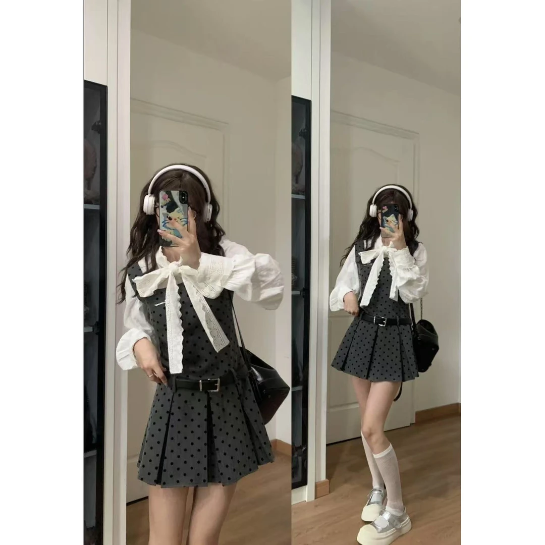 【泡泡棠精选】大码波点显瘦吊带连衣裙法式花边领结套装6292短