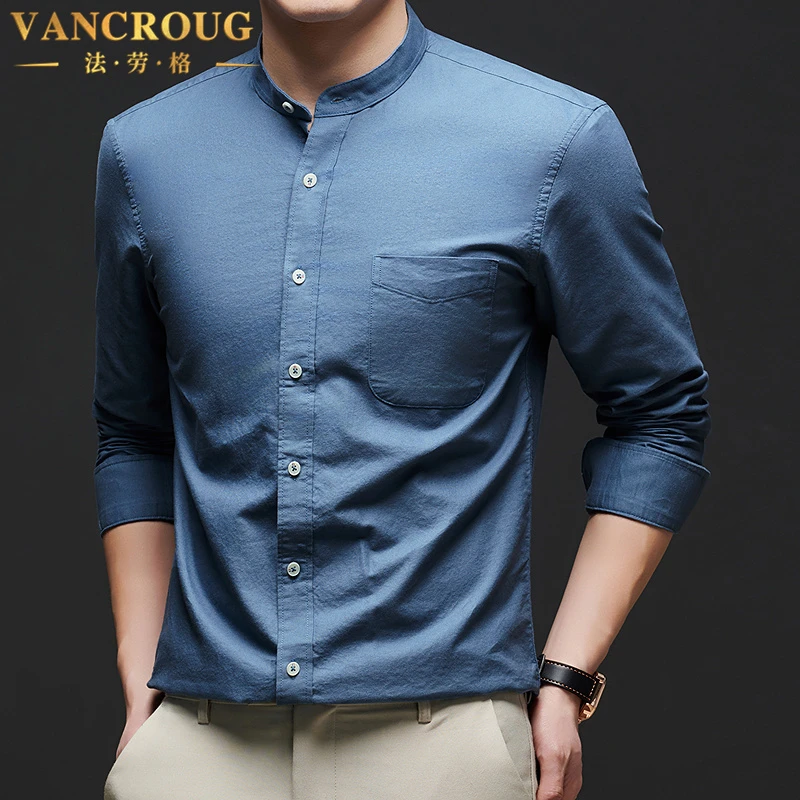 VANCROUG/法劳格长袖衬衫男士春夏轻商务休闲纯色立领国风百搭T恤