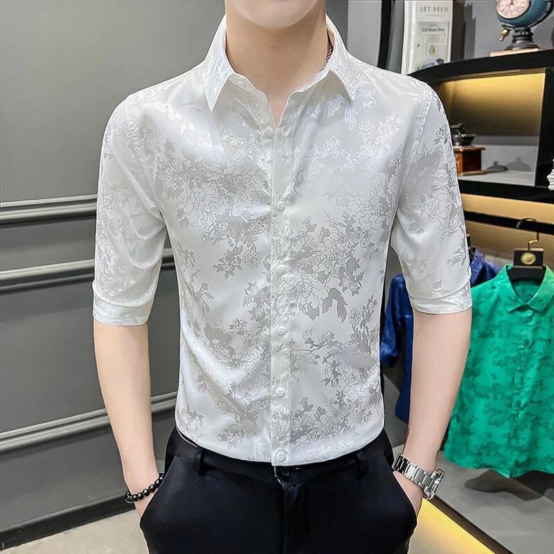 韩版修身时尚高档短袖男士衬衫2025夏季新款潮流百搭中袖衬衣男装