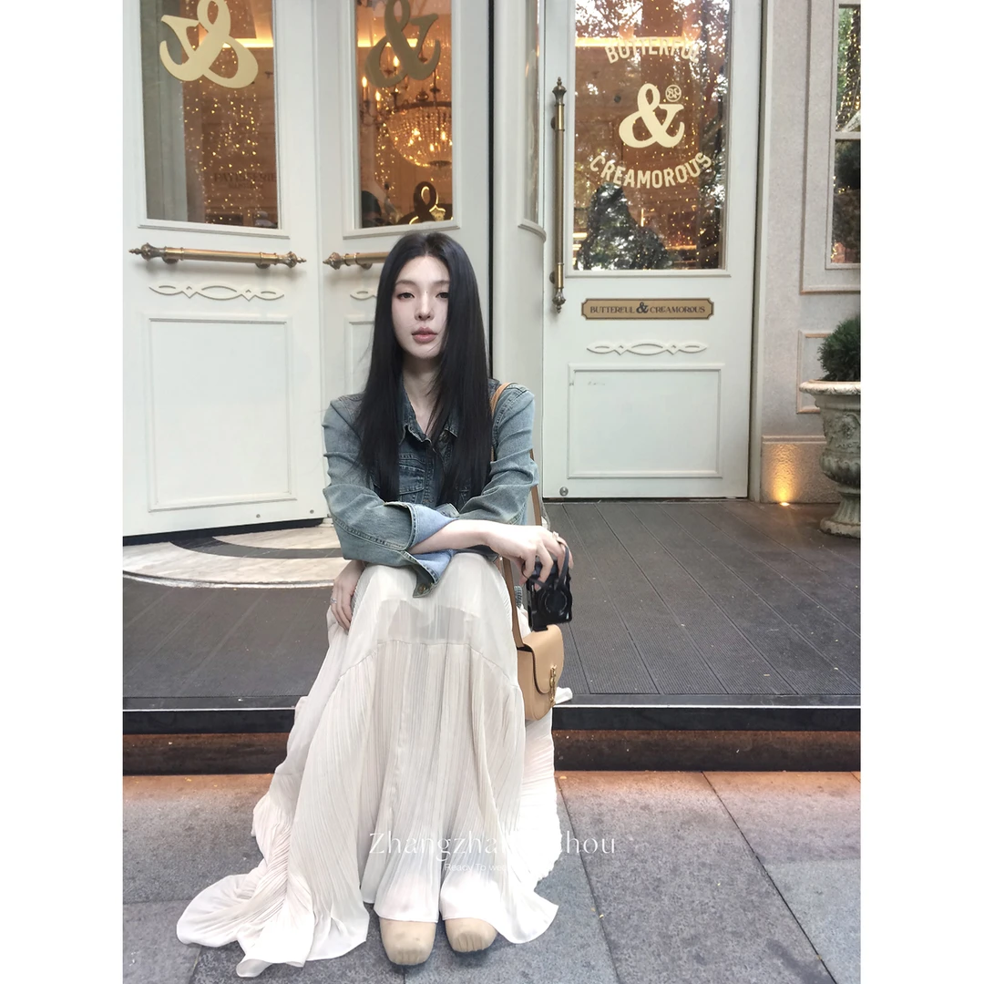 周章章"洛米娜"重工压褶雪纺半身裙女高腰显瘦温柔百搭垂感长裙子