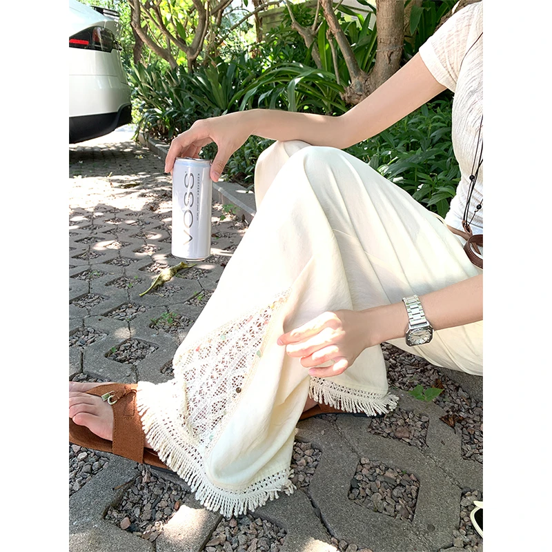 曾小咸 蕾丝拼接抽绳直筒休闲裤女Z252CKY8694